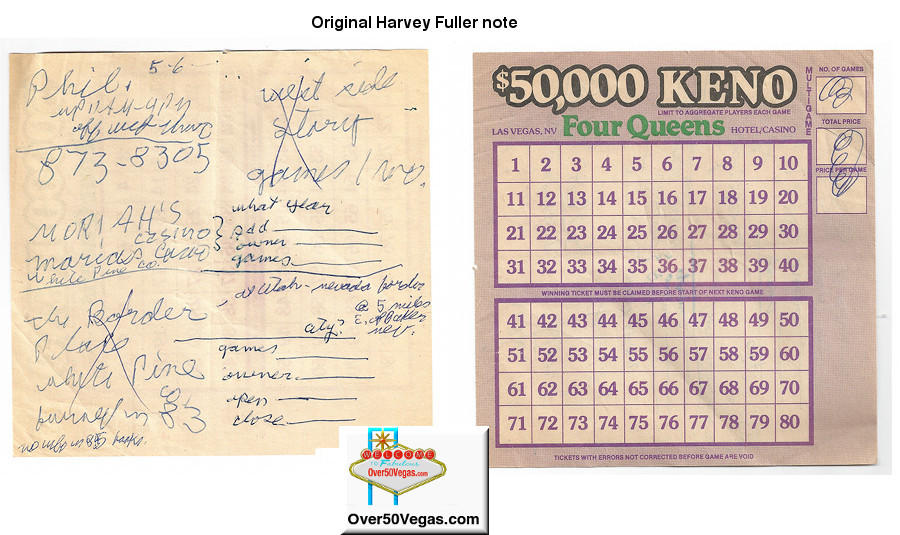 Very special Four Queens / Harvey Fuller notes on a Keno ticket!